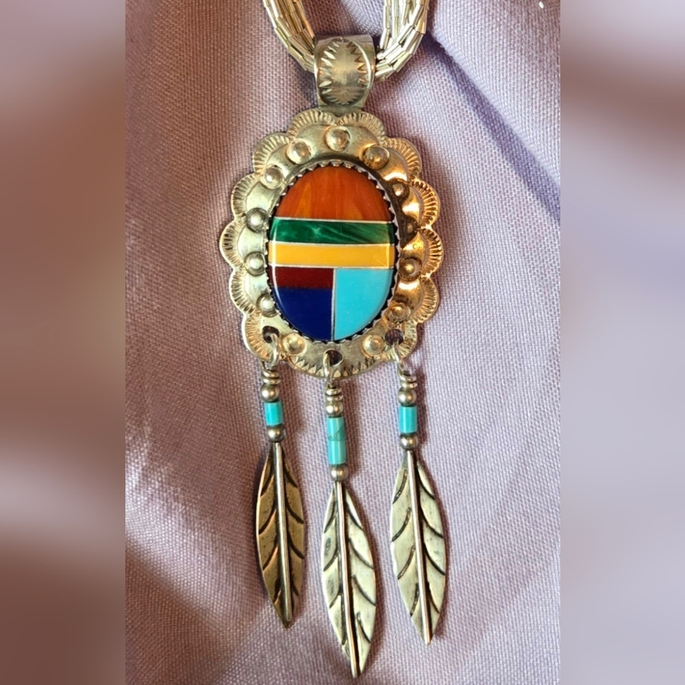 Native American/Navajo 23" 10 Strand Liquid Silver Necklace & Pendant